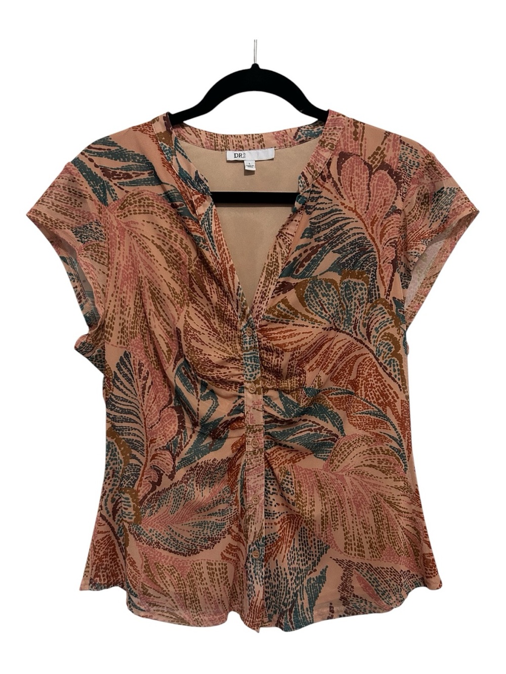 DR2 Peachy Pink & Teal Tropical Print Cap Sleeve Blouse